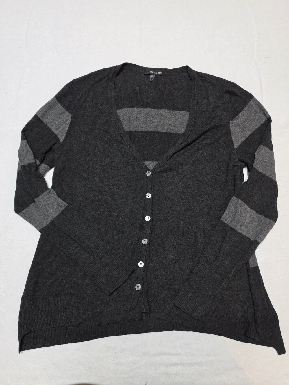 Eileen Fisher Gray Black Striped Knit V-Neck Button-Front Cardigan Sweater S